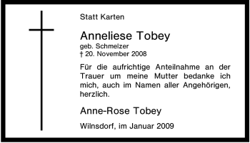 Traueranzeige von Anneliese Tobey von Tageszeitung