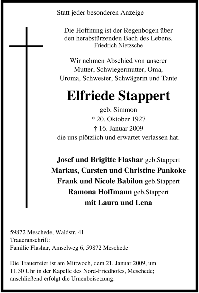  Traueranzeige für Elfriede Stappert vom 19.01.2009 aus Tageszeitung