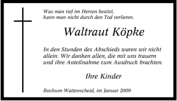 Traueranzeige von Waltraut Köpke von Tageszeitung