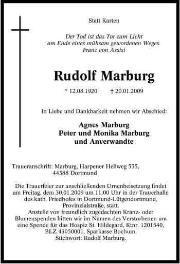 Traueranzeige von Rudolf Marburg von Tageszeitung
