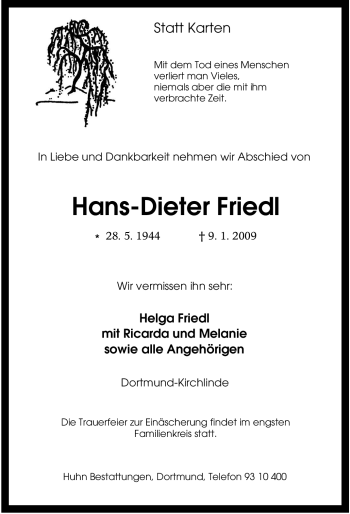 Traueranzeige von Hans-Dieter Friedl von Tageszeitung