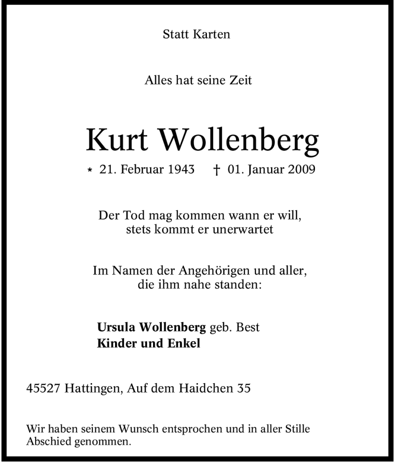  Traueranzeige für Kurt Wollenberg vom 10.01.2009 aus Tageszeitung