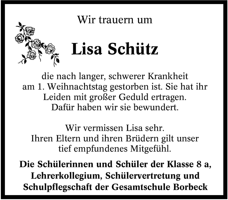 Traueranzeigen Von Lisa Schütz Trauer In Nrwde