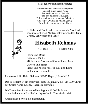 Traueranzeige von Elisabeth Rehmus von Tageszeitung