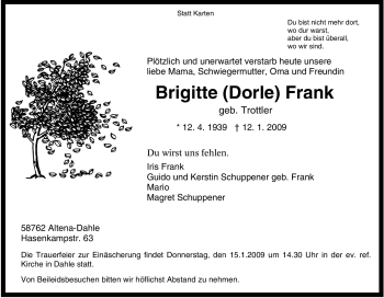 Traueranzeige von Brigitte (Dorle) Frank von Tageszeitung