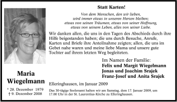 Traueranzeige von Maria Wiegelmann von Tageszeitung