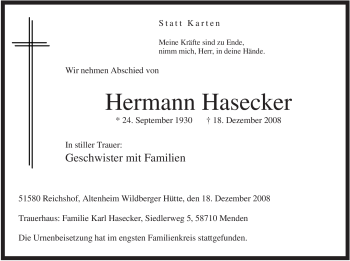 Traueranzeige von Hermann Hasecker von Tageszeitung