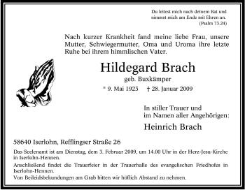 Traueranzeige von Hildegard Brach von Tageszeitung