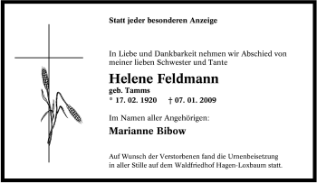 Traueranzeige von Helene Feldmann von Tageszeitung