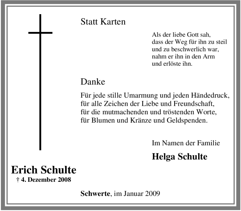  Traueranzeige für Erich Schulte vom 10.01.2009 aus Tageszeitung
