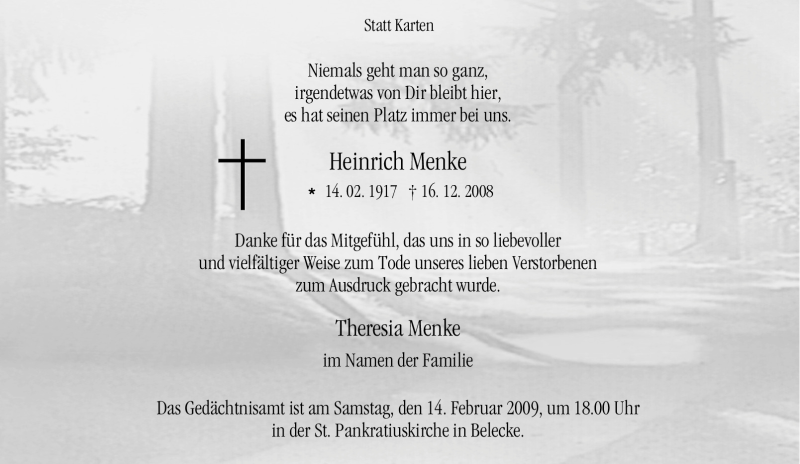  Traueranzeige für Heinrich Menke vom 31.01.2009 aus Tageszeitung