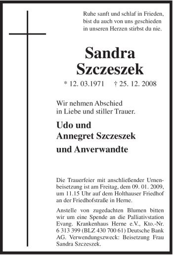 Traueranzeige von Sandra Szczeszek von Tageszeitung