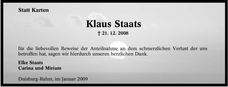  Traueranzeige für Klaus Staats vom 09.01.2009 aus Tageszeitung