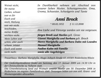 Traueranzeige von Anni Brock von Tageszeitung