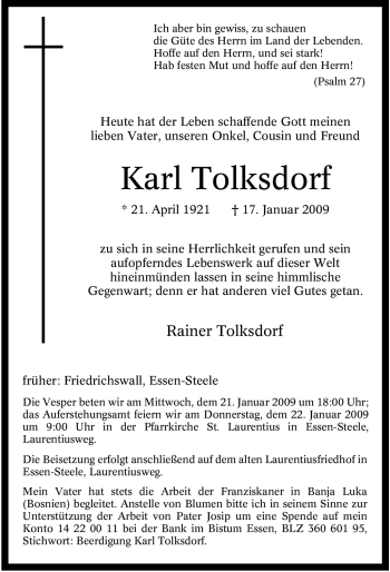 Traueranzeige von Karl Tolksdorf von Tageszeitung