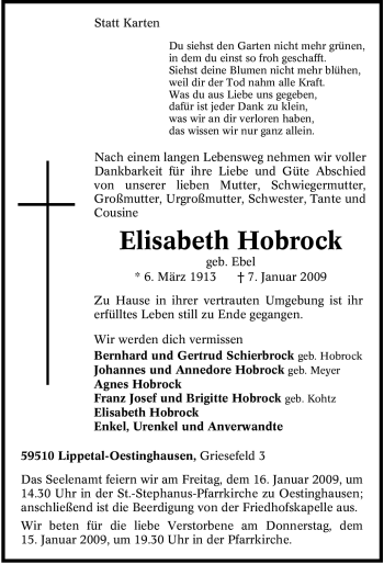 Traueranzeige von Elisabeth Hobrock von Tageszeitung