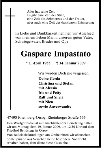 Traueranzeige von Gaspare Impastato von Tageszeitung