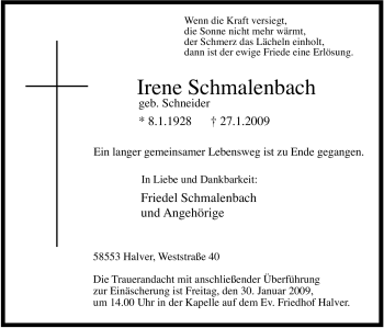 Traueranzeige von Irene Schmalenbach von Tageszeitung