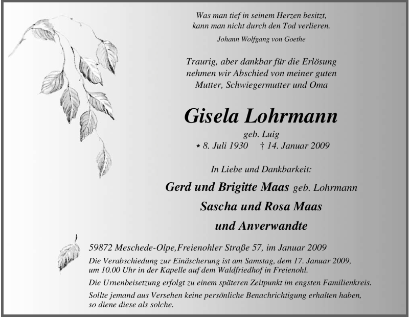  Traueranzeige für Gisela Lohrmann vom 15.01.2009 aus Tageszeitung