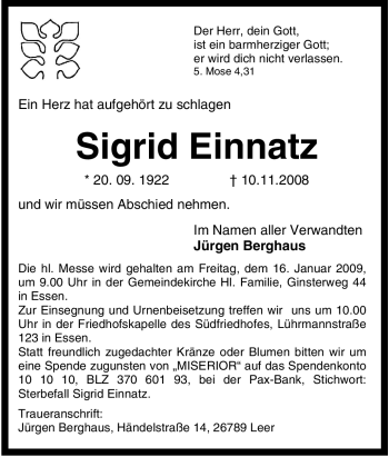 Traueranzeige von Sigrid Einnatz von Tageszeitung