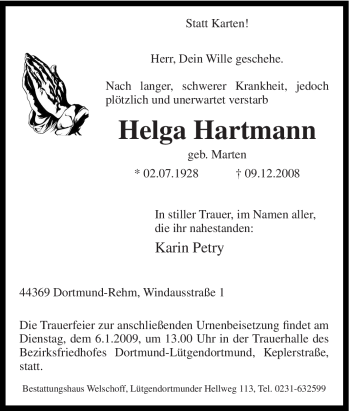 Traueranzeige von Helga Hartmann von Tageszeitung