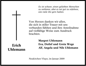 Traueranzeige von Erich Uhlemann von Tageszeitung
