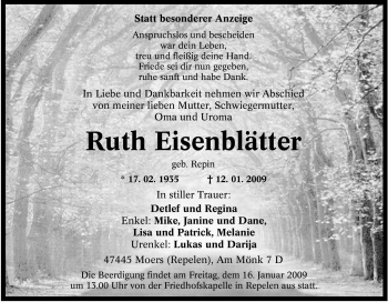 Traueranzeige von Ruth Eisenblätter von Tageszeitung