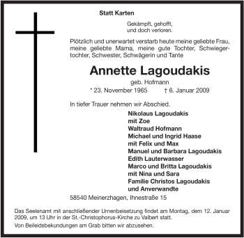 Traueranzeige von Annette Lagoudakis von Tageszeitung