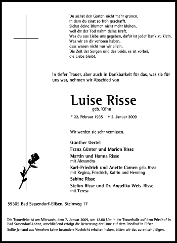 Traueranzeige von Luise Risse von Tageszeitung