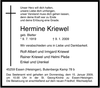 Traueranzeige von Hermine Kriewel von Tageszeitung