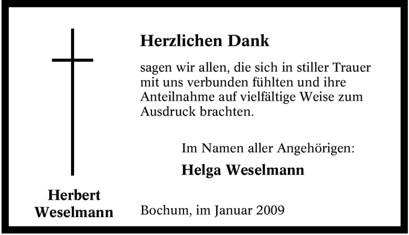  Traueranzeige für Herbert Weselmann vom 28.01.2009 aus Tageszeitung