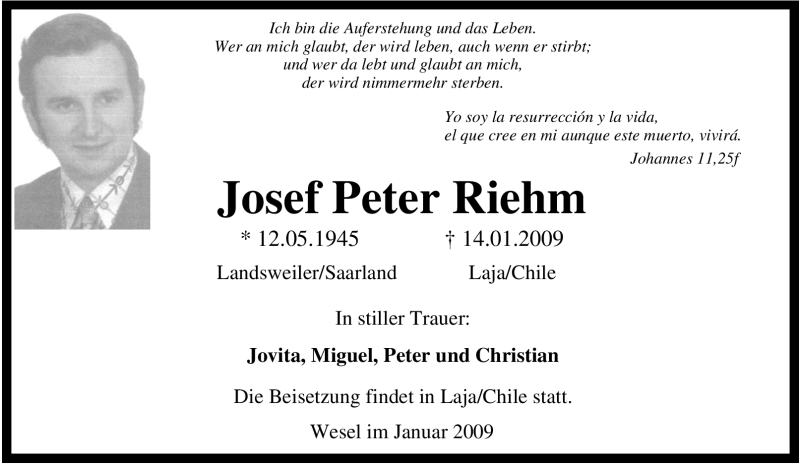  Traueranzeige für Josef Peter Riehm vom 17.01.2009 aus Tageszeitung
