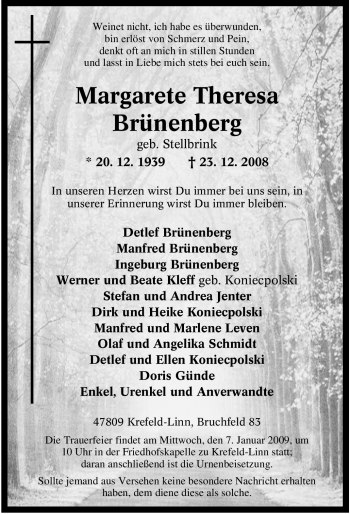 Traueranzeige von Margarete Theresa Brünenberg von Tageszeitung