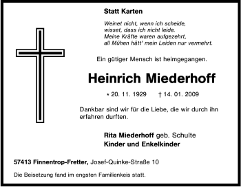 Traueranzeige von Heinrich Miederhoff von Tageszeitung