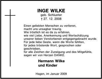 Traueranzeige von Inge Wilke von Tageszeitung
