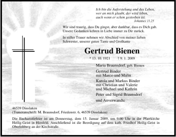 Traueranzeige von Gertrud Bienen von Tageszeitung