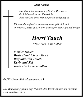 Traueranzeige von Horst Tauch von Tageszeitung