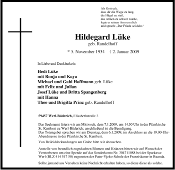 Traueranzeige von Hildegard Lüke von Tageszeitung