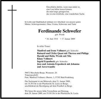 Traueranzeige von Ferdinande Schwefer von Tageszeitung