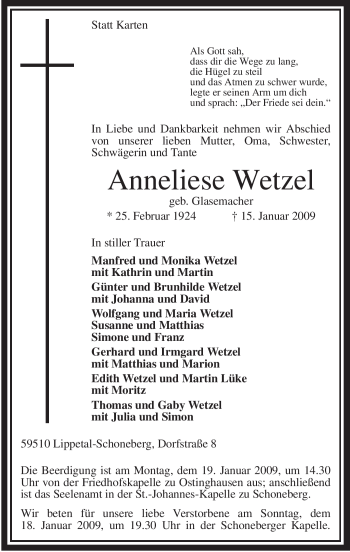 Traueranzeige von Anneliese Wetzel von Tageszeitung