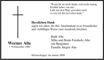 Traueranzeige von Werner Alte von Tageszeitung