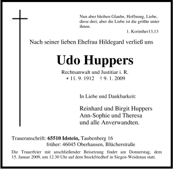Traueranzeige von Udo Huppers von Tageszeitung