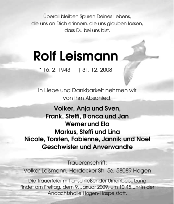 Traueranzeige von Rolf Leismann von Tageszeitung