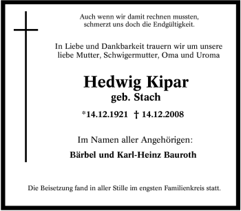 Traueranzeige von Hedwig Kipar von Tageszeitung