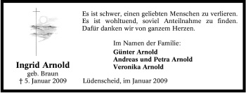 Traueranzeige von Ingrid Arnold von Tageszeitung