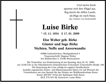 Traueranzeige von Luise Birke von Tageszeitung