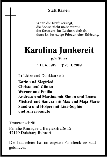 Traueranzeige von Karolina Junkereit von Tageszeitung