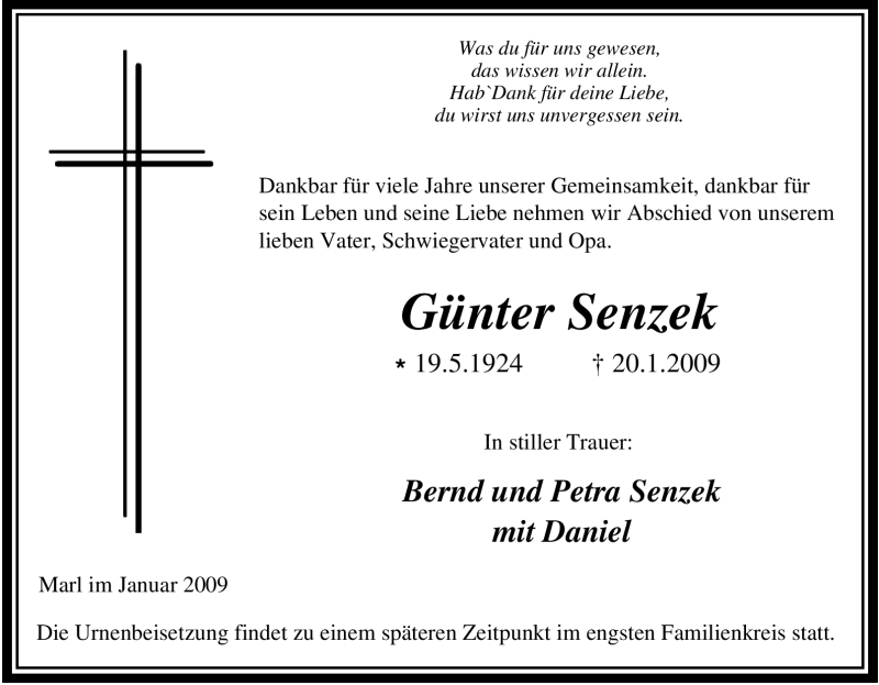  Traueranzeige für Günter Senzek vom 28.01.2009 aus Tageszeitung