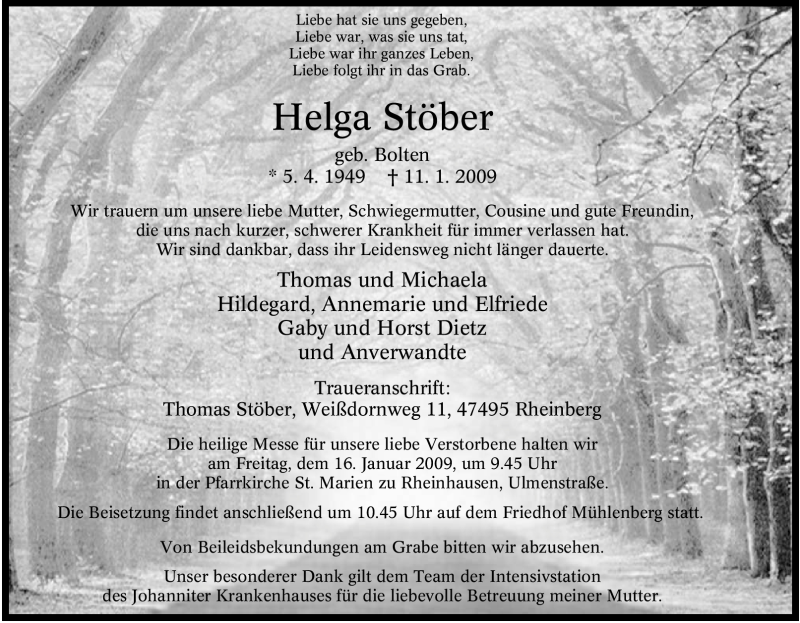  Traueranzeige für Helga Stöber vom 13.01.2009 aus Tageszeitung