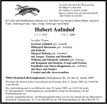 Traueranzeige von Hubert Aufmhof von Tageszeitung